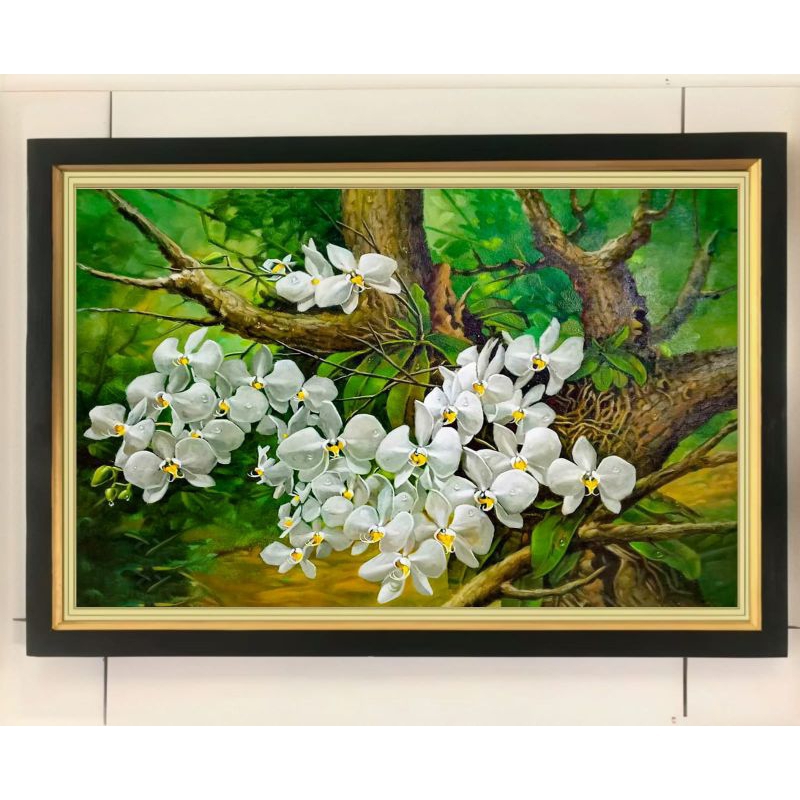 hiasan dinding lukisan cetak bunga anggrek cendrawasih landscape plus Bingkai ukuran 65×45