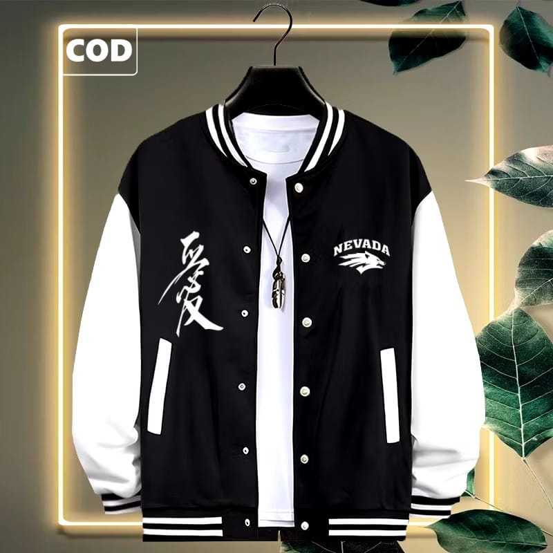 [ COD ] Jaket Baseball Varsity kancing NEVADA RILEX KIRKA Text PUTIH Jaket Varsity Kancing Premium P