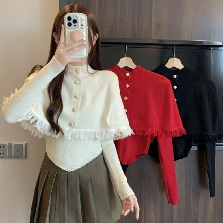 Atasan Wanita Rumbai Korea Style One Set Atasan Rajut Lengan Panjang | Baju Wanita Rumbai Dada | Ata