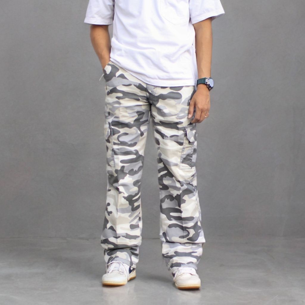 GEVAR Celana Cargo Loreng Regular Fit White Gray Putih Casual Pria / Celana Cargo Loreng