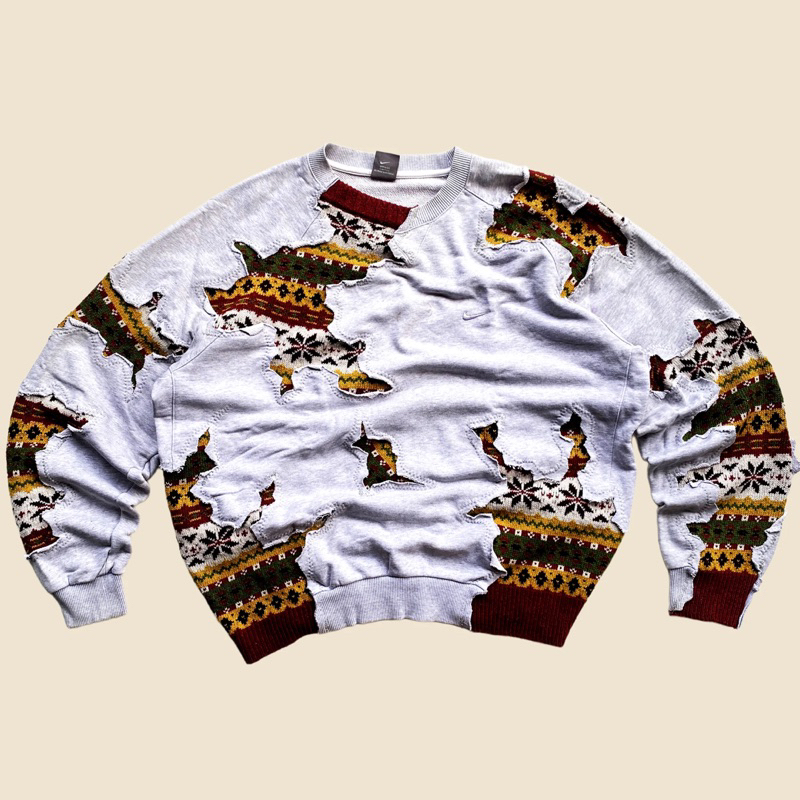 REWORKED NIKE CRACKED BROWN PATTERN KNIT SWEATSHIRT/SWEATER SIZE L