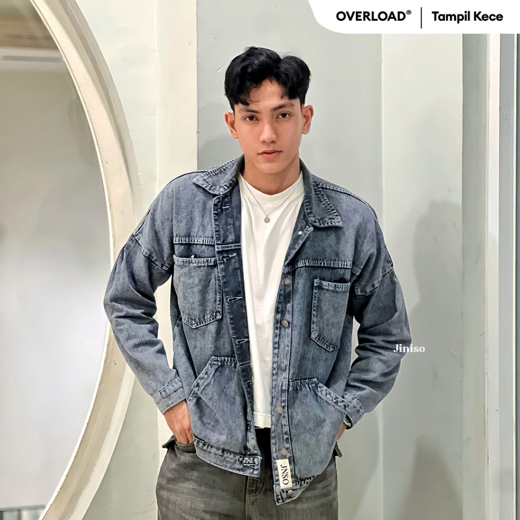 JINISO - Denim Pria Jaket Jeans Oversize Pocket Atlas Snow Grey
