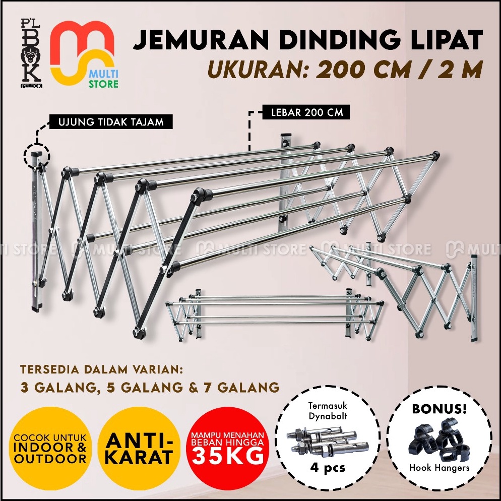 55SIAP KIRIM Jemuran Baju Dinding Lipat 2 cm PELBOK Stainless Anti Karat 2 Meter