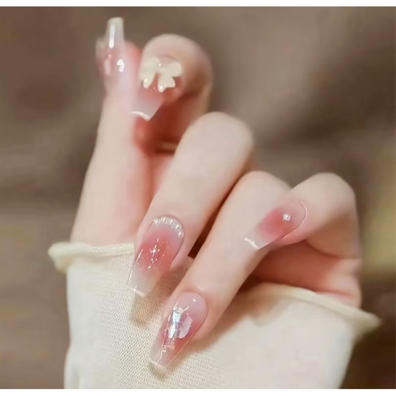[Fake Nail] Kuku palsu dengan motif pita nuansa pink cocok dipakai untuk semua acara, berisi 24pcs, 