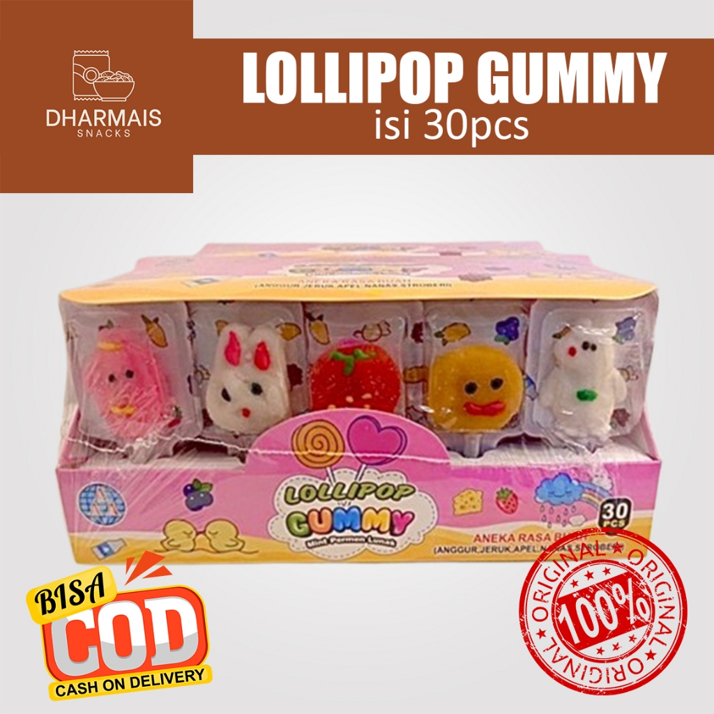 

PERMEN LUNAK GUMMY LOLLIPOP BOX PINK LOLIPOP GUMMY ANEKA RASA GUMMI FRUIT BOX ISI 30 - DHARMAIS SNACK