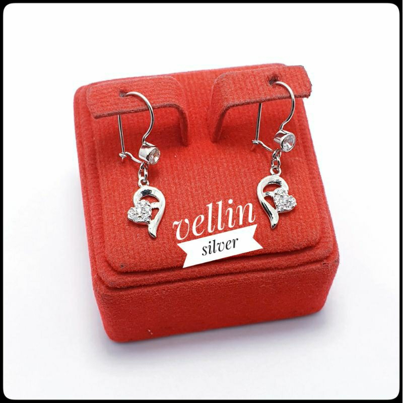 Anting Perak 925 Asli Lapis Emas Putih - Perhiasan Anting Love Hati Silver 925