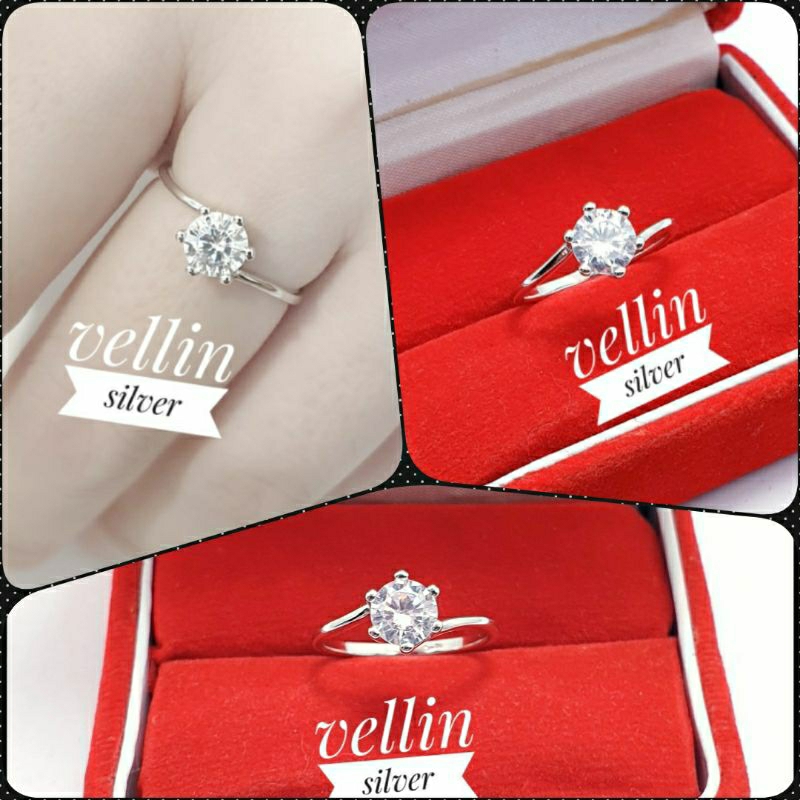 Cincin Perak 925 Asli Lapis Emas Putih - Perhiasan Cincin Satu Permata Zircon Silver Ori 925