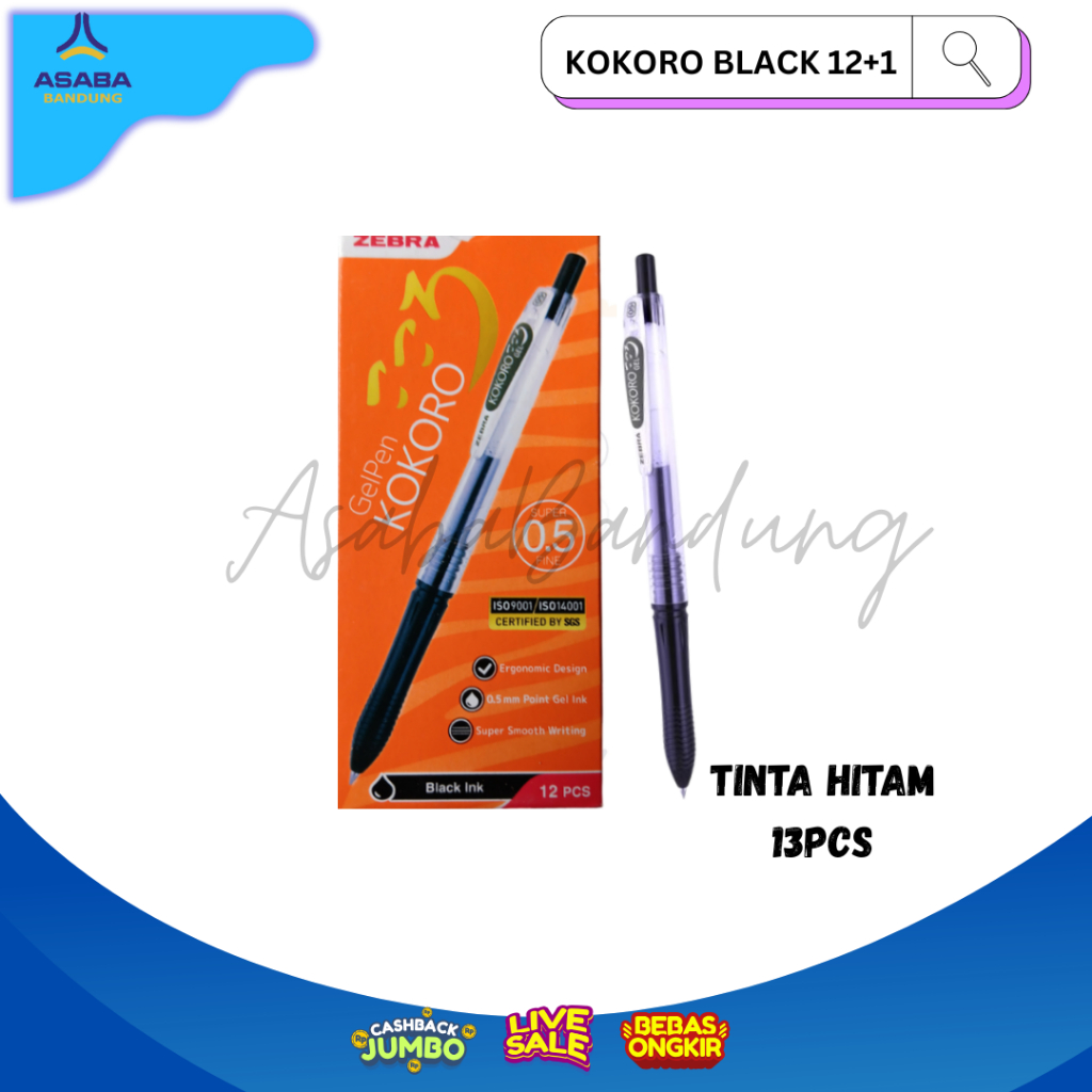 

Asaba Bandung - Zebra Pulpen Kokoro Black 13 Pcs / Kokoro Black 1 Lusin (tinta hitam 0.5) Free 1 Pcs/ Pulpen Hemat / Pulpen Harga Ekonomis