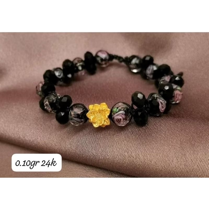 Gelang Emas Asli Teratai 24K Hongkong 999% Tali Batu Mustika
