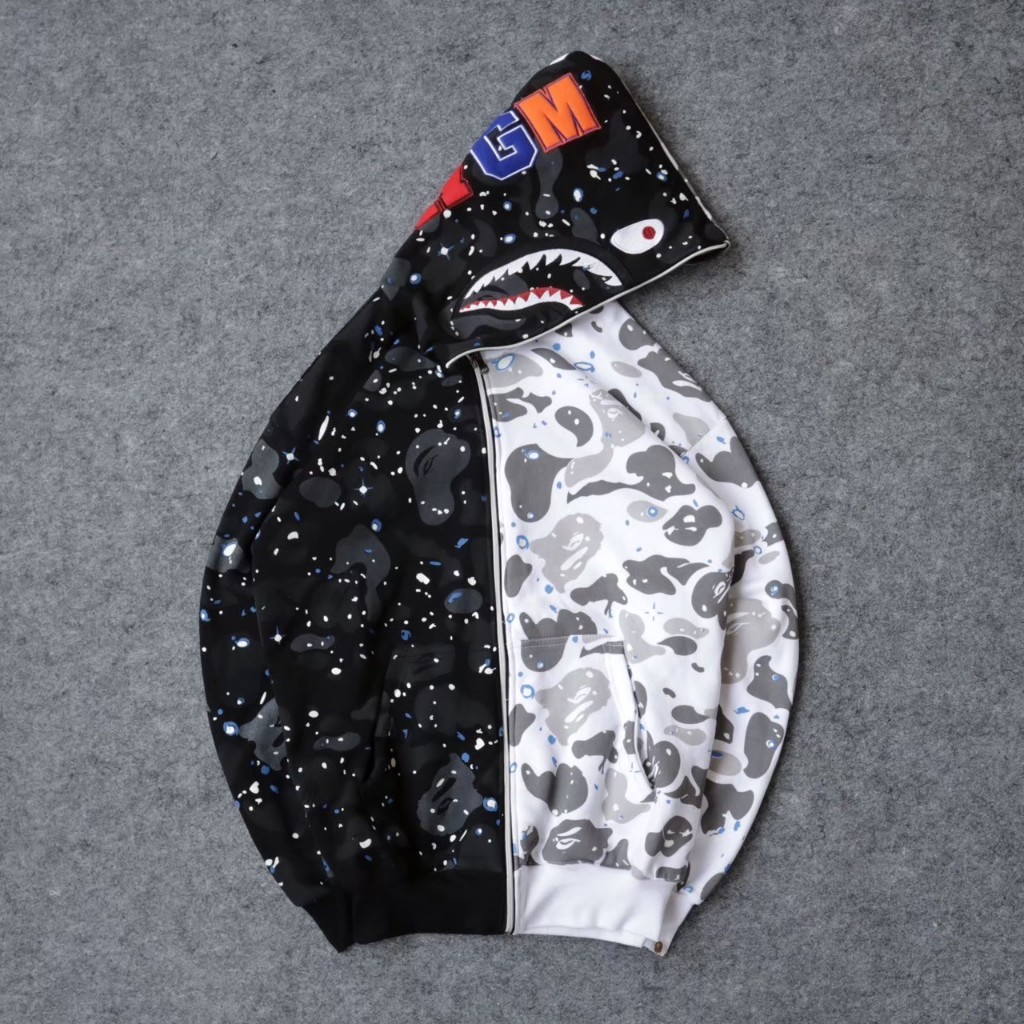 JAKET/SWEATER FULLZIP BAPE SHARK WGM COMBI HITAM PUTIH KEREN TERLARIS FULLTAG&LEBEL UNISEX