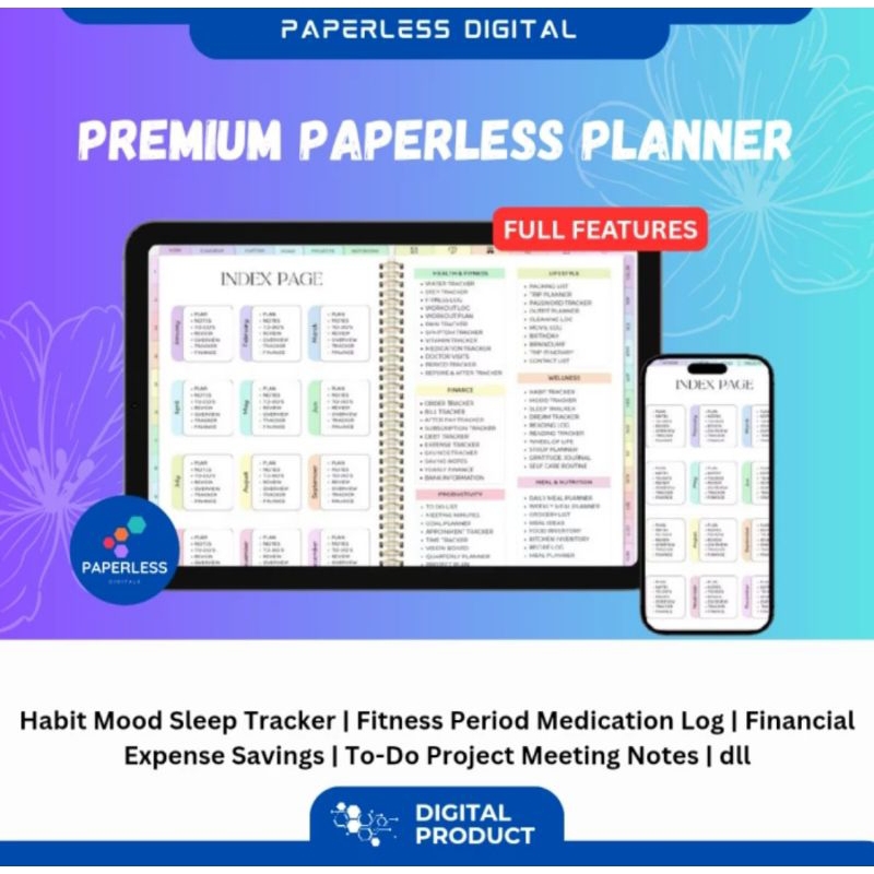 

IPad & Android Tab Premium Paperless Planner Bundle | Habit Mood Sleep Digital Tracker | Fitness Period Medication Log | Agenda | Financial Expense Savings | To-Do Project Meeting Notes | GoodNotes Notability | Buku Diary Jurnal Catatan Keuangan Tabungan