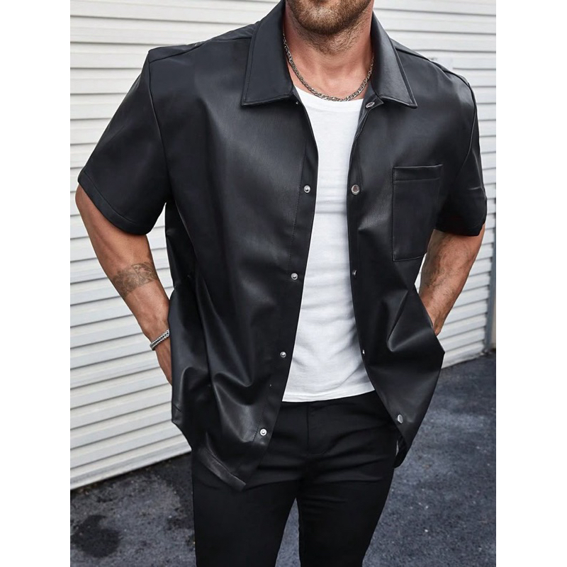 Kemeja pendek semi kulit pria leather short shirt black casual