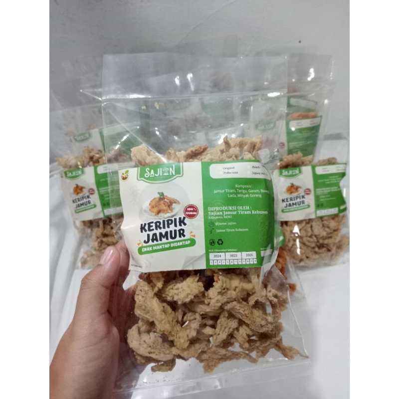 

snack keripik jamur crispy sajian, rasa :original, balado, pedas, jagung pedas manis