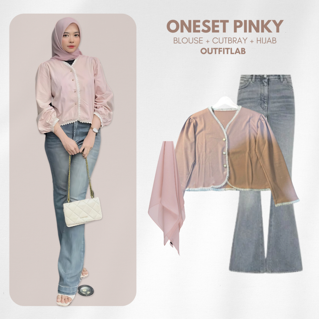 Outfit Set Pinky Setelan ( Blouse Renda + Cutbray + Hijab ) One Set OOTD Hijab Wanita Nongkrong Hits