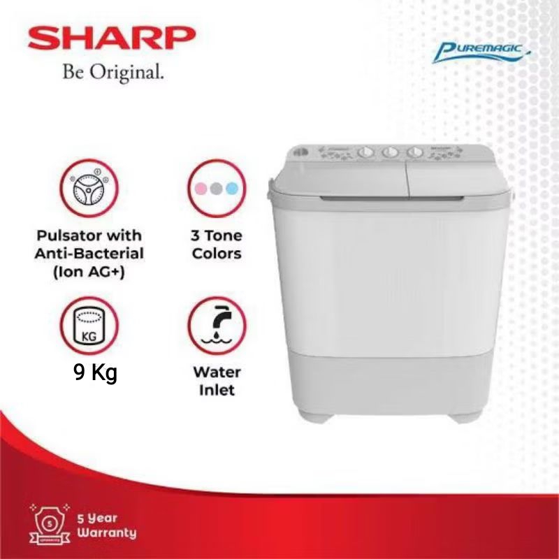 Mesin Cuci 2 Tabung SHARP Puremagic 9 KG ES-T90MW PK/HK