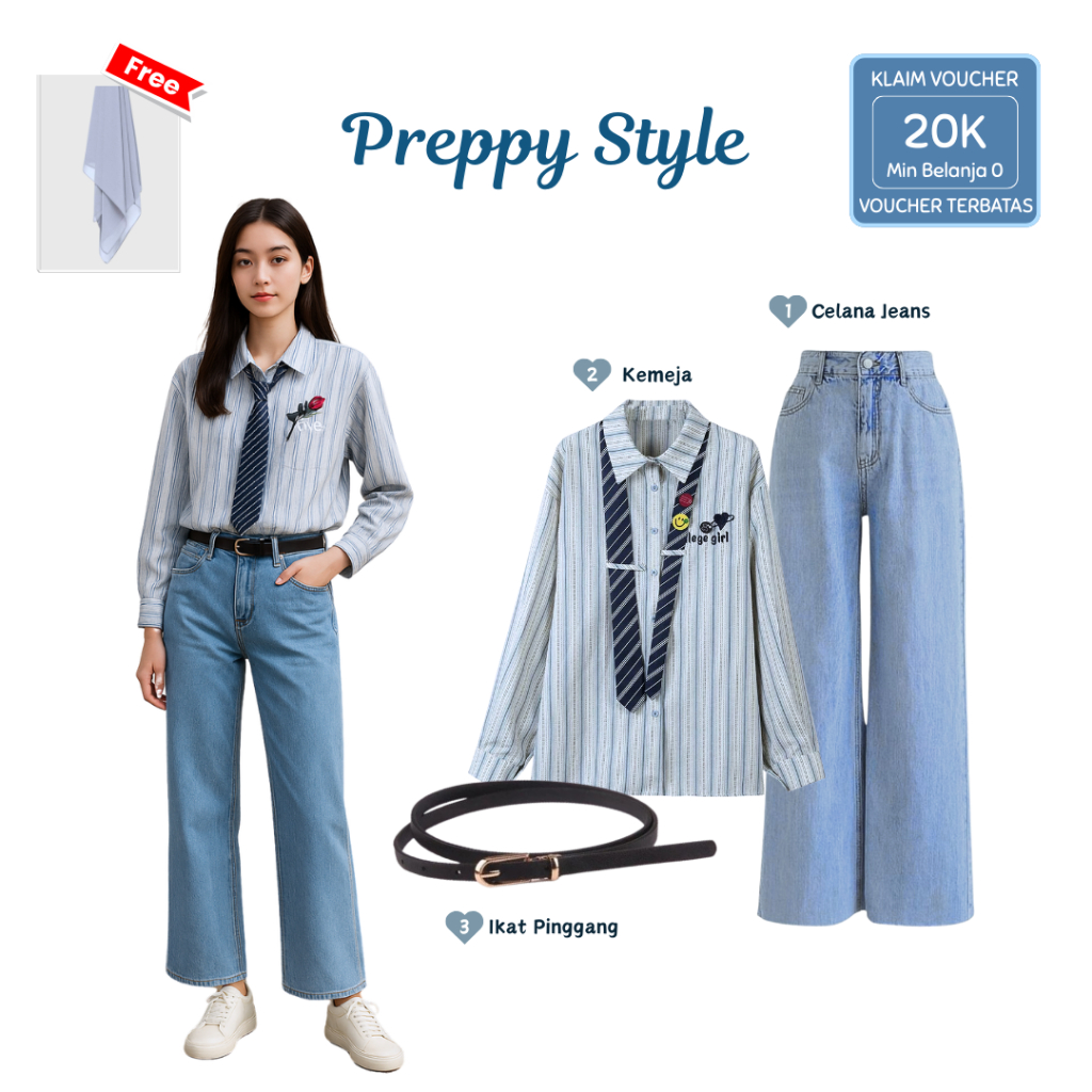 LF92 | Y2K Outfit 3in1 (Kemeja Salur Korean Y2K, Celana Jeans, Ikat Pinggang, FREE Bella Square)