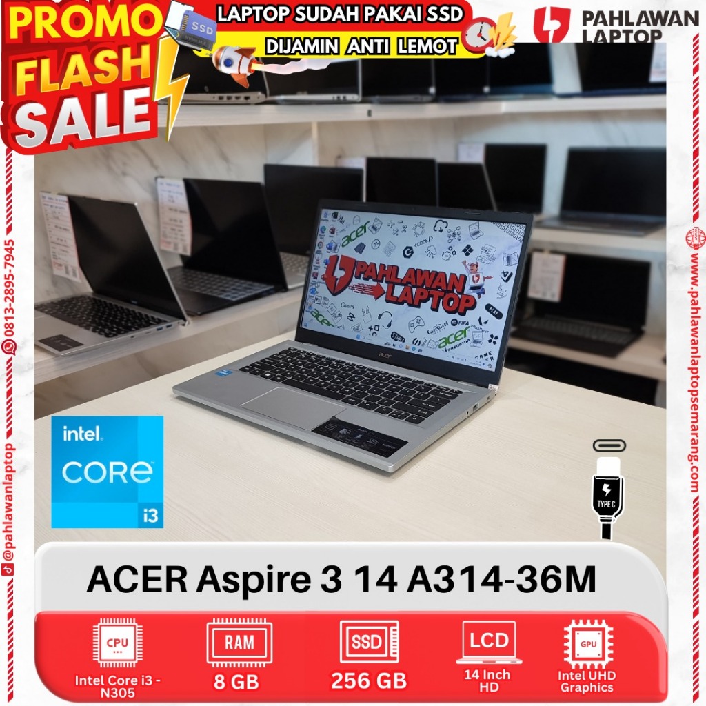 LAPTOP ACER Aspire 3 14 A314-36M Core i3-N305 RAM 8GB SSD 256GB