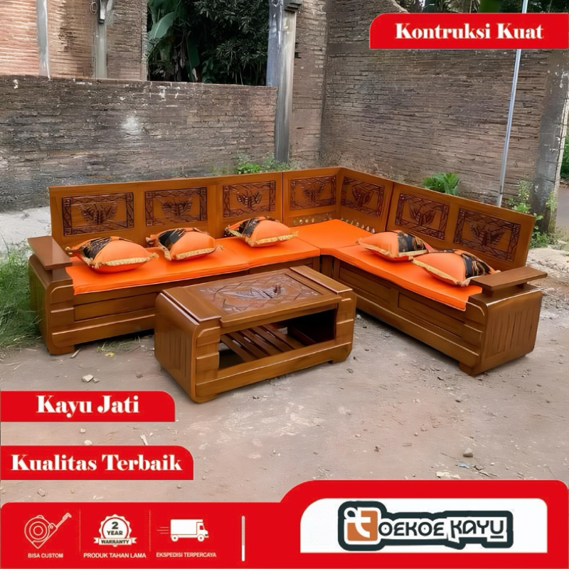 kursi sudut tamu kayu jati, kursi domini motif daun, kursi tamu sudut kayu jati