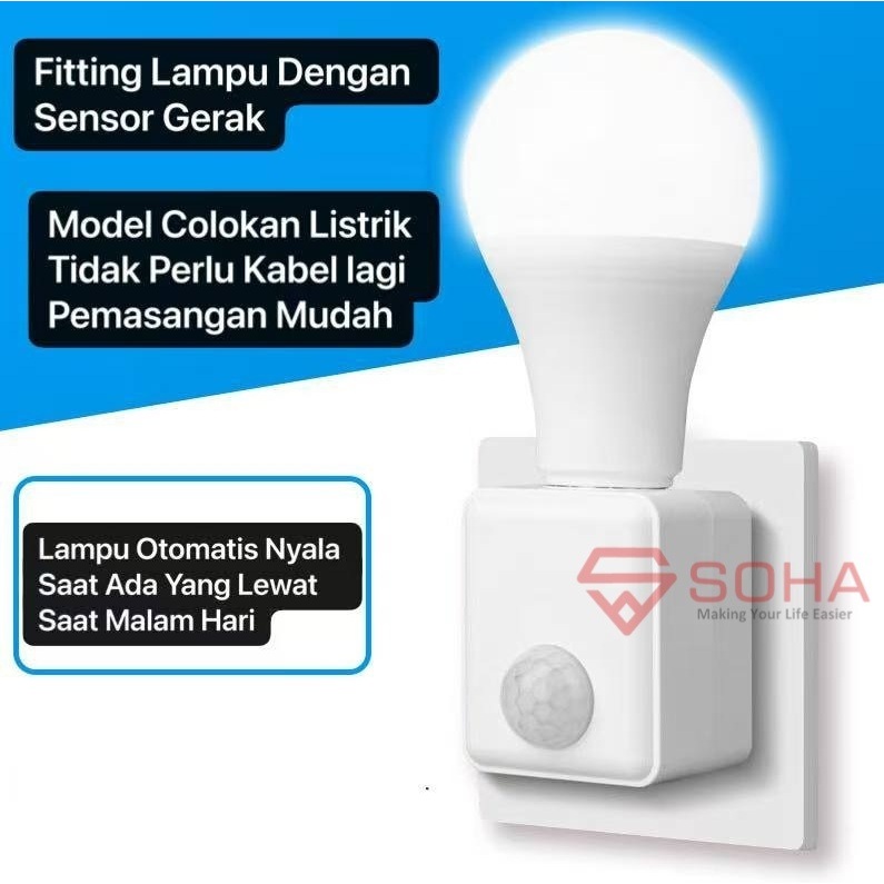 ART-082 Fitting Lampu Sensor Gerak Colokan Dinding EU Plug Auto On Off Otomatis Deteksi Gerak PIR In