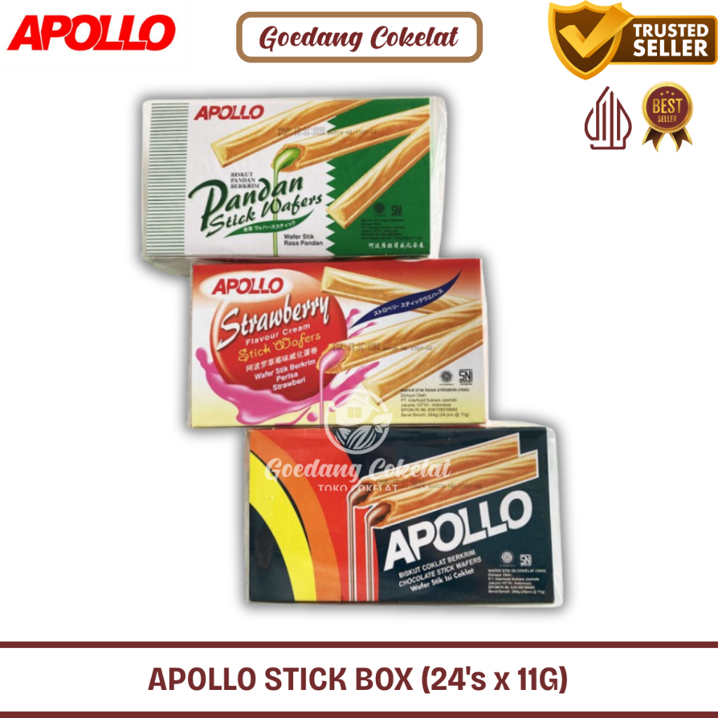 

Apollo Stick Wafer Biskuit Berkrim Chocolate Strawberry Pandan 1 Box Isi 24 Pcs x 11gr