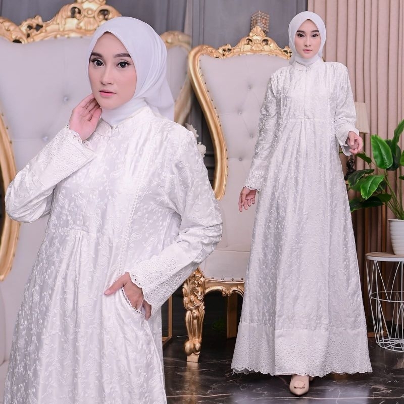 Gamis Ihrom Semi Sutra Gamis silky Putih Bordir Renda Kerancang Perlengkapan Haji dan Umroh Wanita