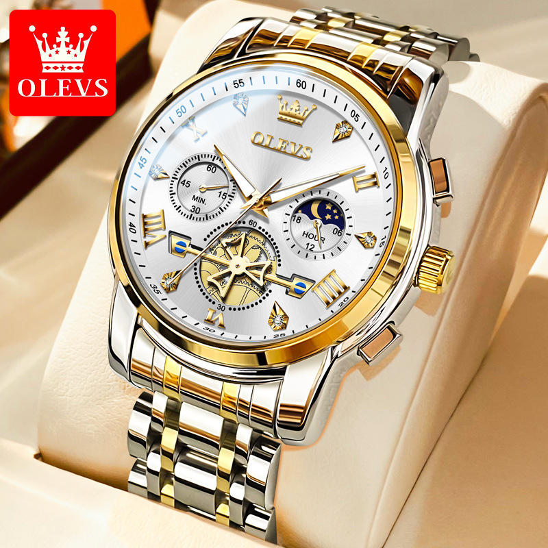 OLEVS Jam Tangan Pria Anti Air Original Terbaru Tahan Luxury Led Chronograph Stainless Steel Watch
