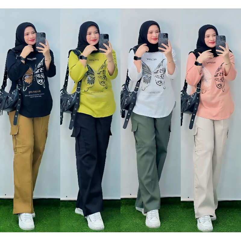 1 setcel chinos cargo x kaos combed wanita