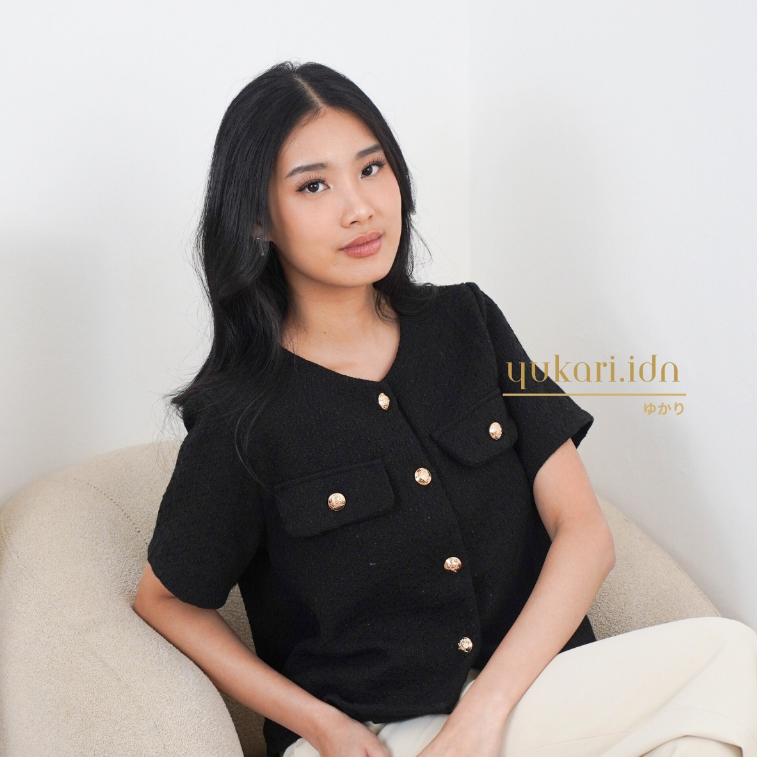GYURI Rompi Premium Blazer Tweed Polos Korean Outer Crop Elegan Wanita Lengan Pendek Hitam Putih