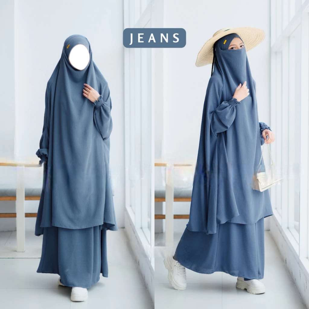 French Set Gamis Khimar Syari Warna Jeans - Bahan Adem Lembut Jatuh Anti Kusut & UV Premium