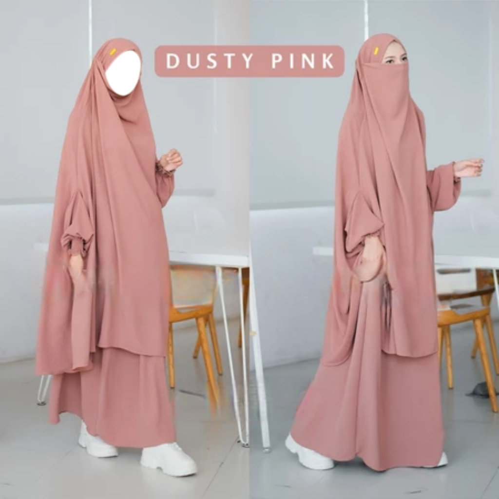 French Set Gamis Khimar Syari Dusty Pink - Bahan Adem Lembut Jatuh Anti Kusut & UV Premium