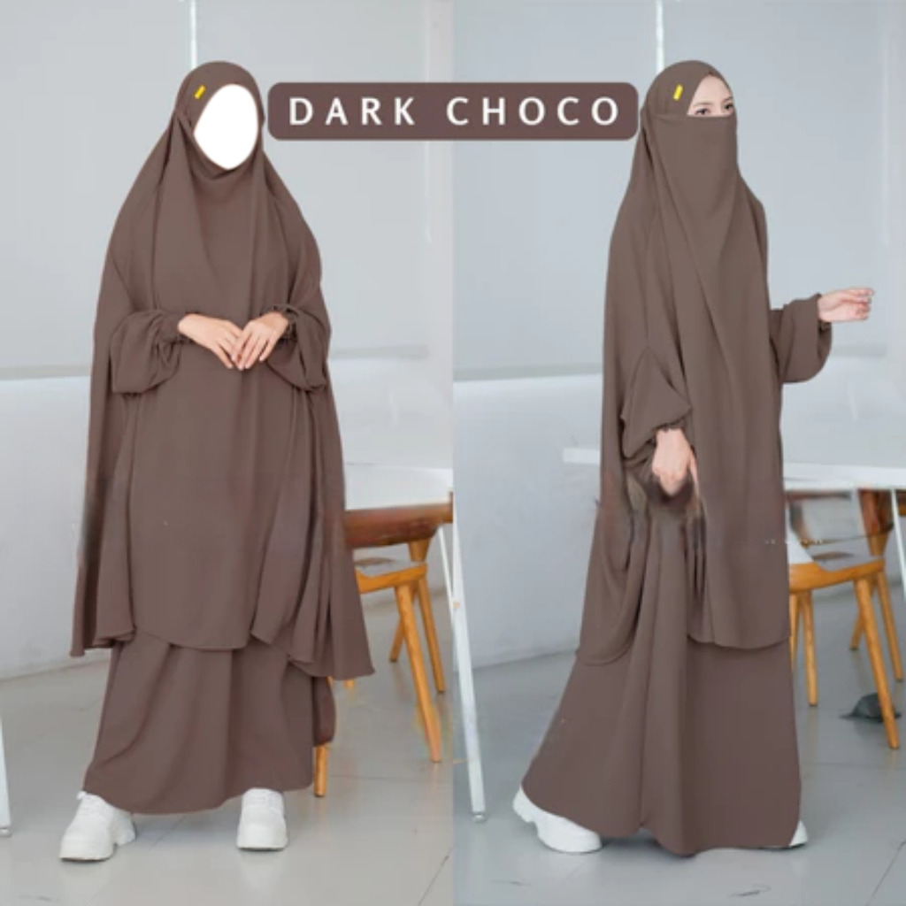 French Set Gamis Khimar Syari Dark Choco - Bahan Premium Adem Lembut Jatuh Anti Kusut UV