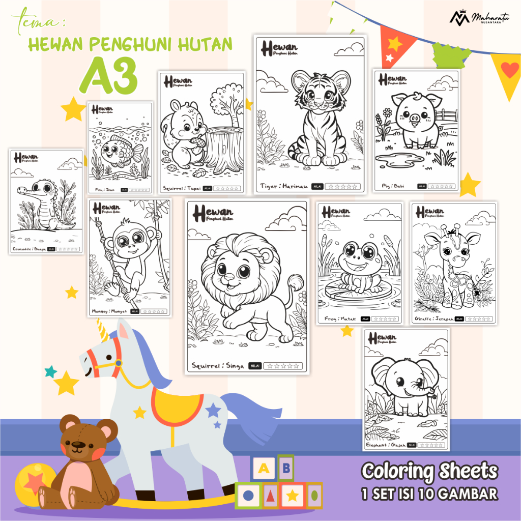 

[HEWAN PENGHUNI HUTAN] KERTAS MEWARNAI ANAK 1 SET 10 LEMBAR READY STOCK - COLORING SHEETS A3