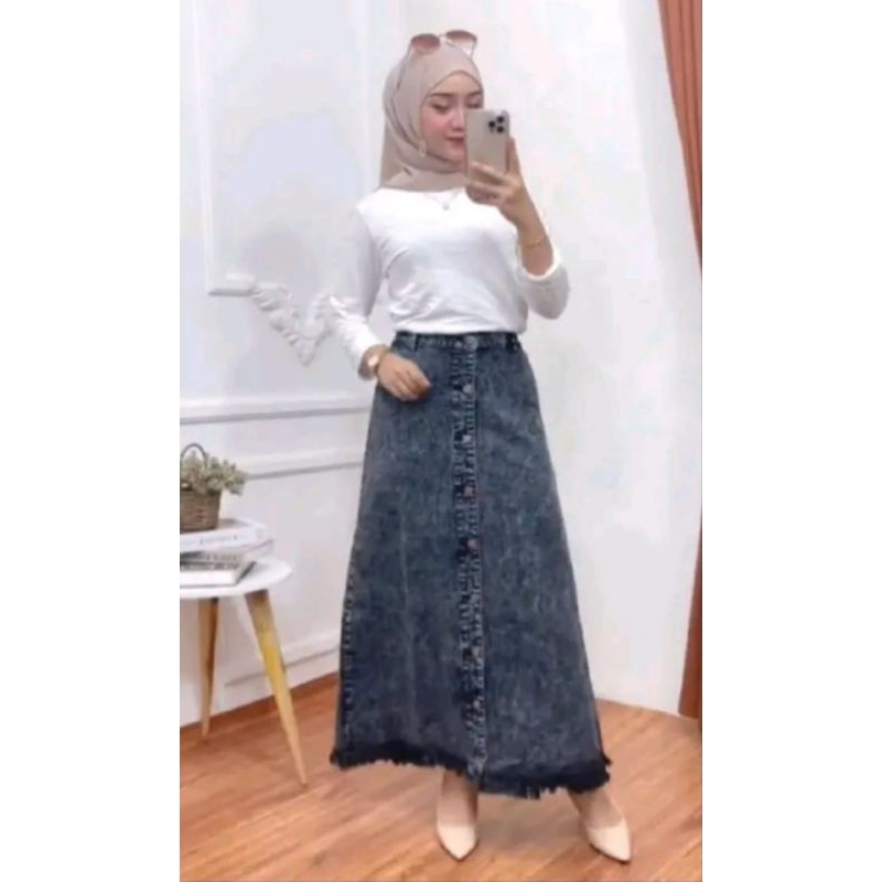 rok rawis jeans panjang wanita kekinian