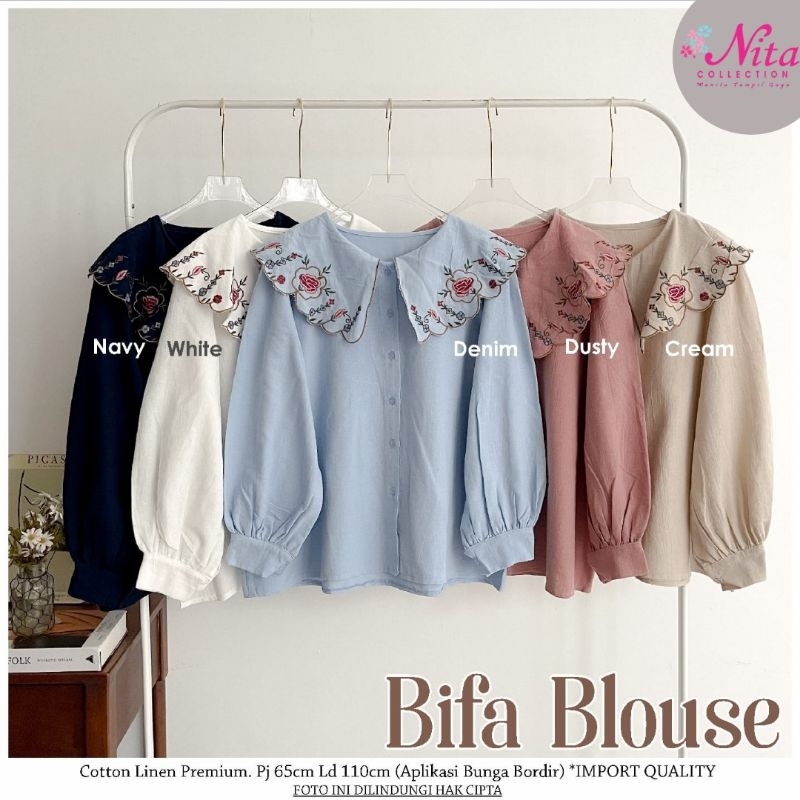 Bifa Kemeja Wanita Cotton Linen Premium Mix Kerah Bordir Bunga