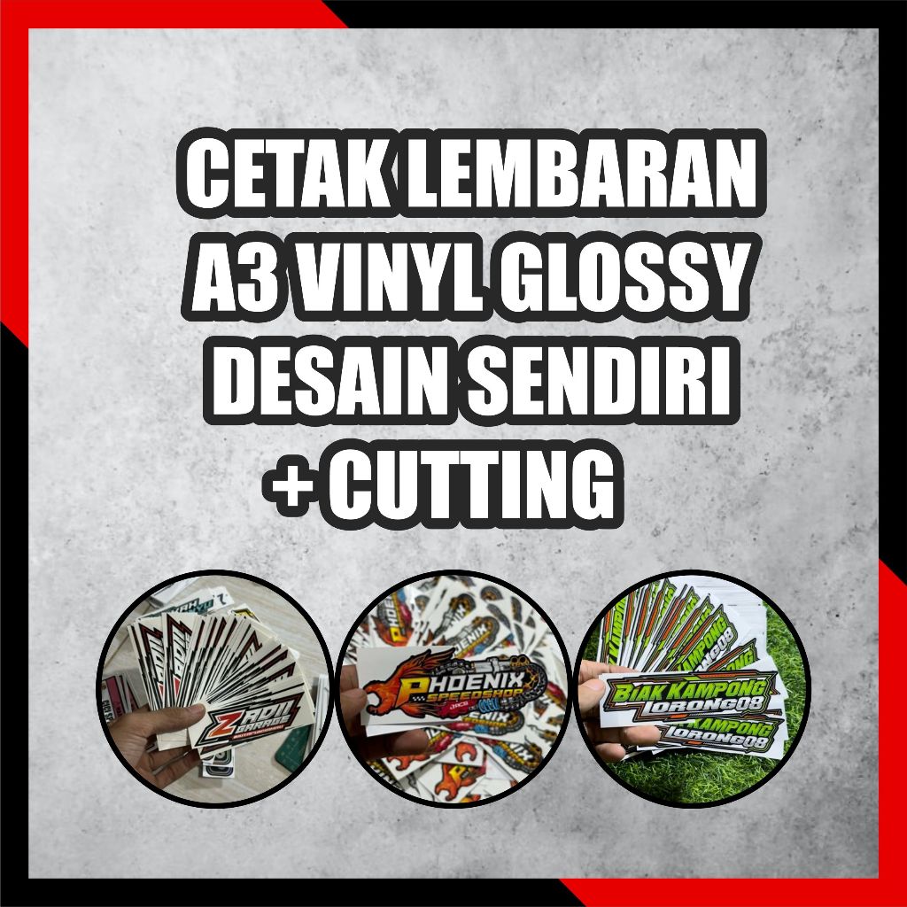 

CETAK STICKER CUSTOM LEMBARAN A3 DESAIN SENDIRI - ANTI AIR VINYL POTONG CUTTING POLA