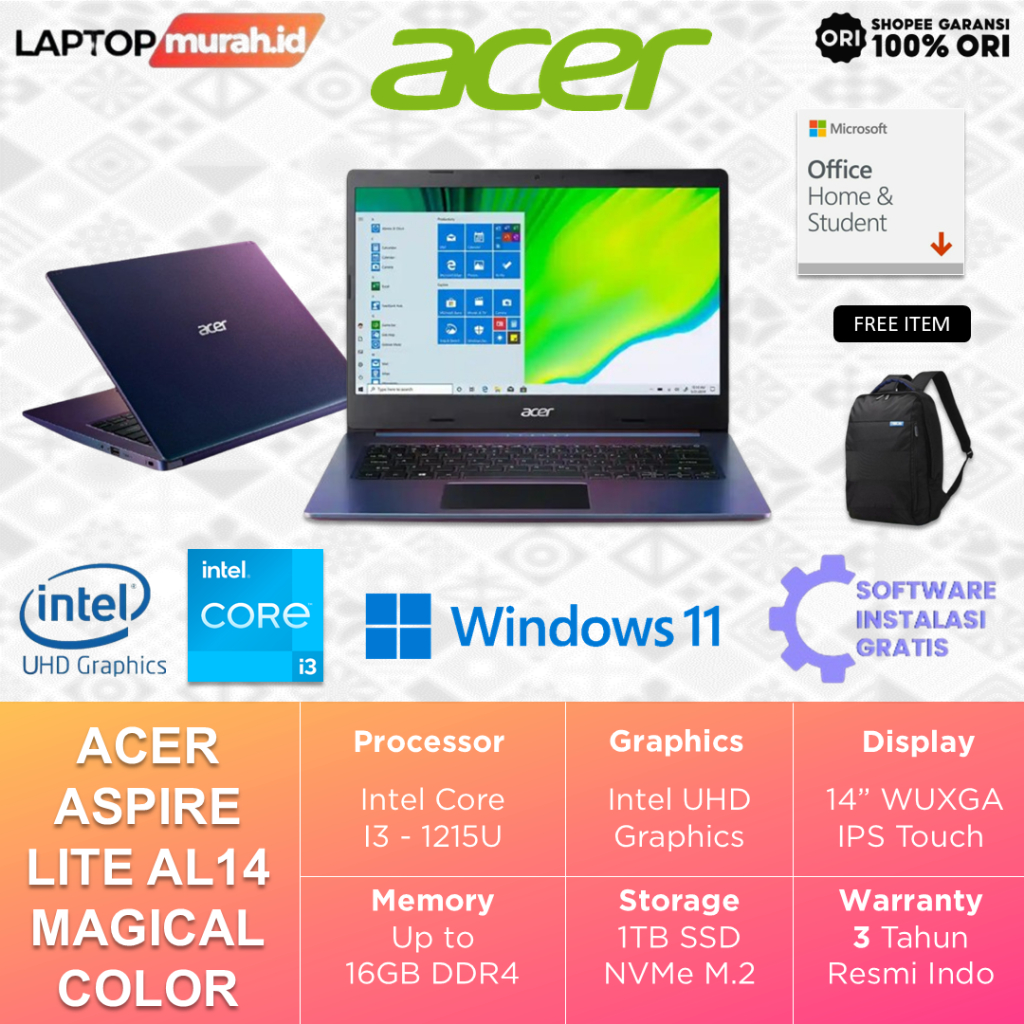 Laptop Acer Aspire i3-1215U 16GB 1TB 14" WUXGA IPS Windows 11 Home + OHS - Magical Color Edition