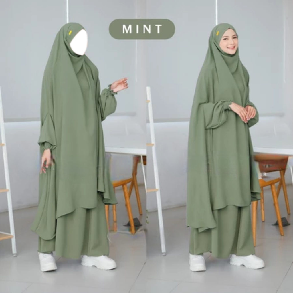 French Set Gamis Khimar Syari Warna Mint – Bahan Dingin Lembut Jatuh Anti Kusut & UV Premium