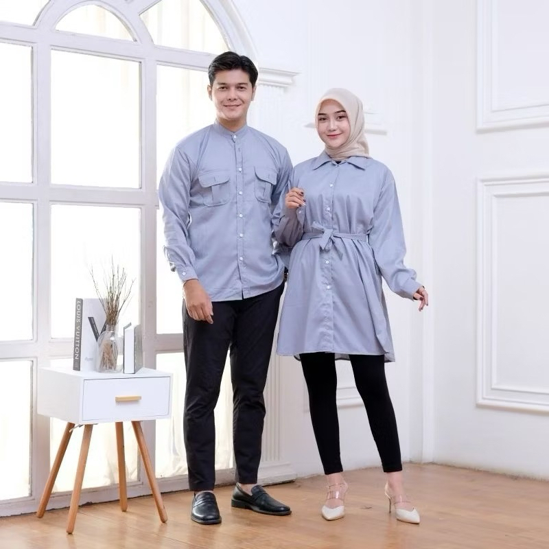 BAJU COUPLE MALIBU | KEMEJA & TUNIK KAIN TOYOBO DELUXE  COUPEL CAKEP BANGET (Abu-Abu)