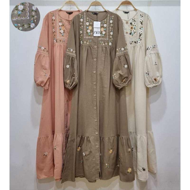 gamis linen bordir mewah elegan simpel dress wanita remaja kekinian terbaru ivory coco adem busui