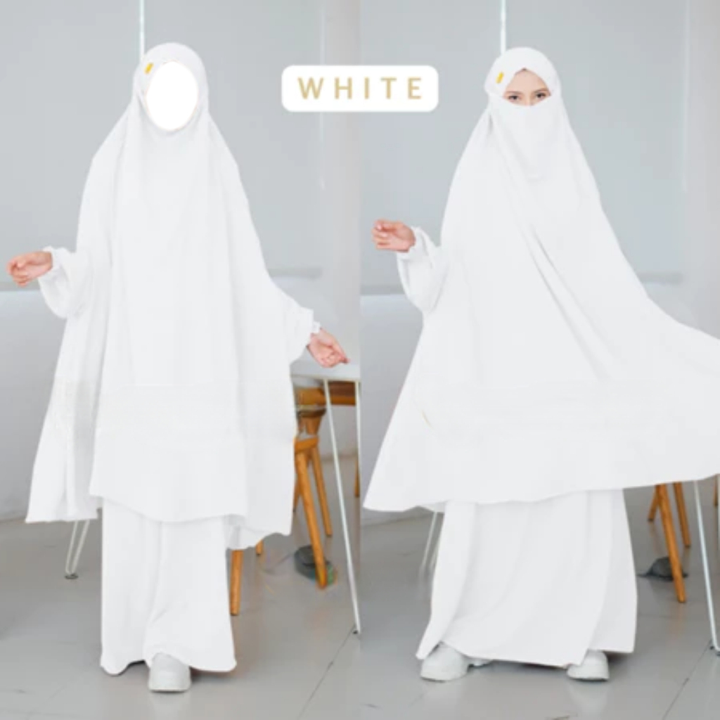 French Set Gamis Khimar Syari Warna White – Bahan Adem Lembut Jatuh Anti Kusut & UV Premium