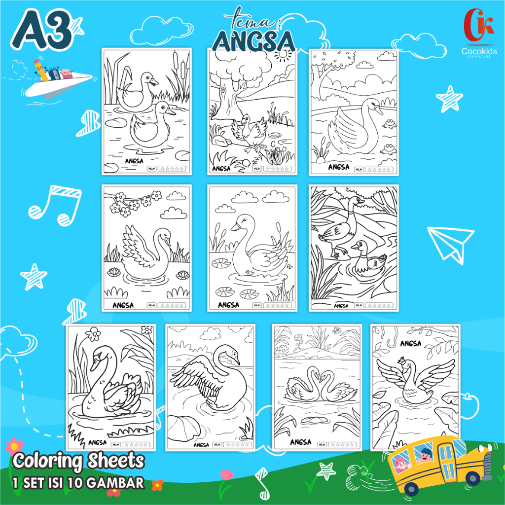 

(ANGSA 01) KERTAS MEWARNAI ANAK A3 - COLORING SHEETS SERIES 1 - LEMBAR MEWARNAI ANAK PAUD/TK/SD