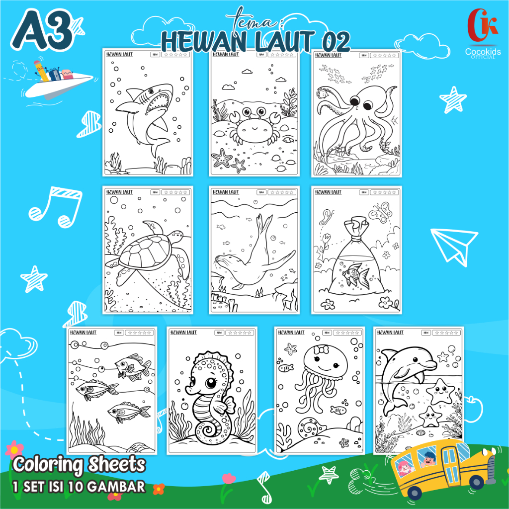 

(HEWAN LAUT 02) KERTAS MEWARNAI ANAK A3 - COLORING SHEETS SERIES 1 - LEMBAR MEWARNAI ANAK PAUD/TK/SD