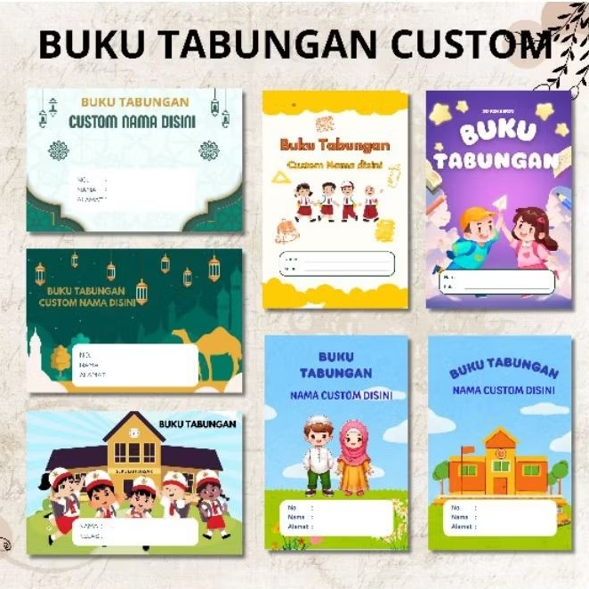 buku tabungan custom/buku tabungan sekolah/buku tabungan arisan/hari raya dll.