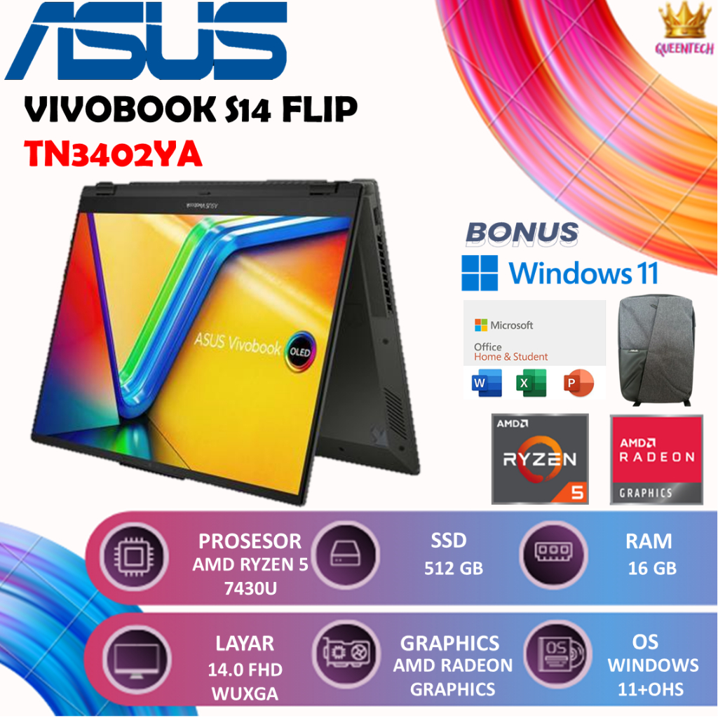 Asus Vivobook S14 Flip 2in1 TN3402YA AMD Ryzen 5 7430U [16GB-512GB] Windows 11+OHS 14.0 FHD WUXGA