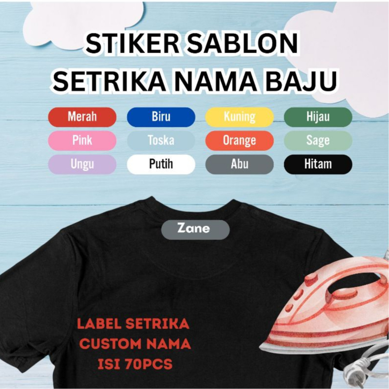 

Stiker Kain Label Nama Baju Anak Sekolah Pesantren Asrama Name Tag Laundry Sticker Sablon Setrika DTF IF Digital Custom Siap Press
