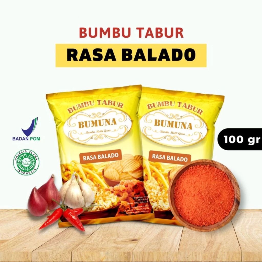 

Bumbu Tabur BALADO BUMUNA 100gram | Penyedap rasa | Bumbu Tela-tela |Bumbu Tahu Bulat