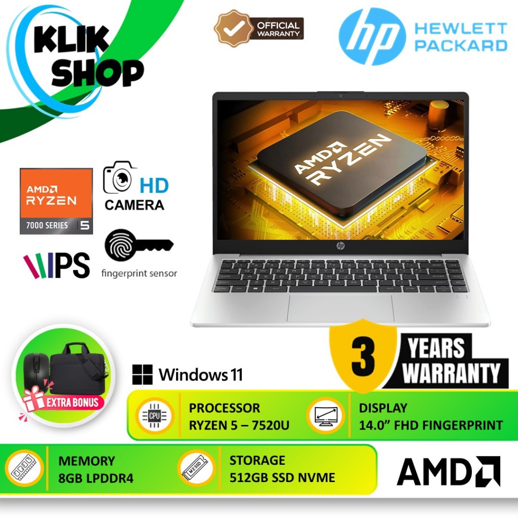 Laptop HP 245 G10 Ryzen 5 7520U 8GB RAM 512GB SSD 14 Inch FHD Win11 Home
