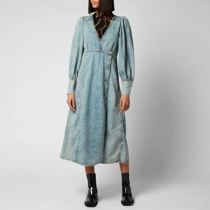 GANNI Women's Light Tint Denim Midi Dress - Tint Wash NEW