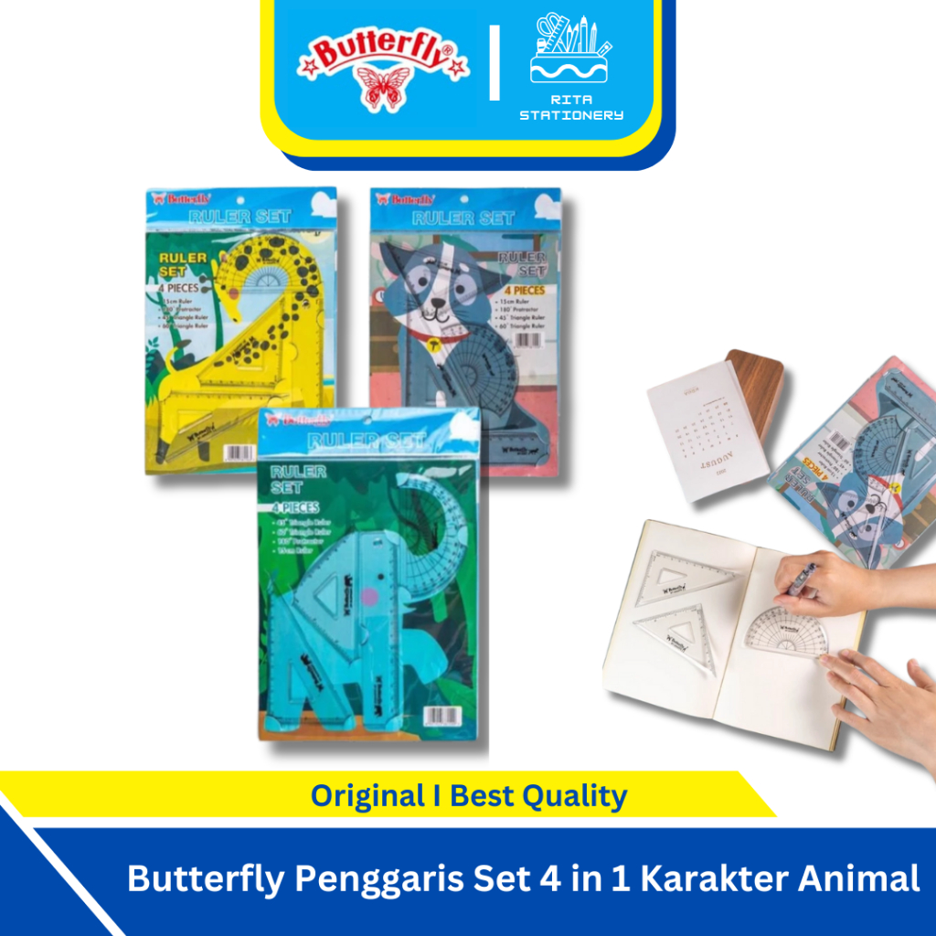 

Butterfly Penggaris Set 4 In 1 Anak sekolah Karakter Animal Hewan Kucing / Gajah / Jerapah
