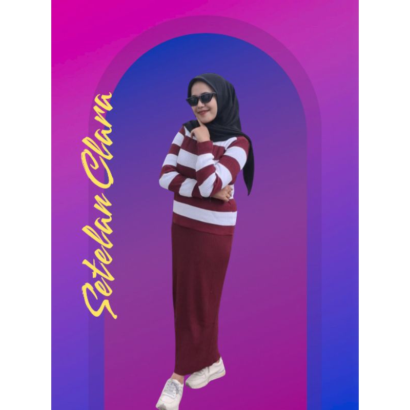 SETELAN ROK BLOUSE SALUR BESAR / BLOUSE RAJUT SALUR BESAR / ROK SPAN KNIT TRENDY @Alikafashion99